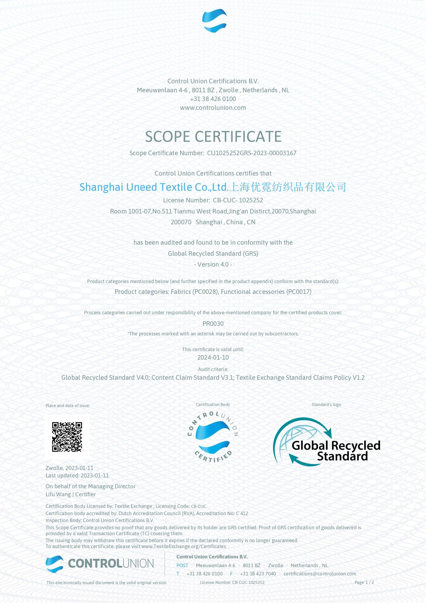 China Shanghai Uneed Textile Co.,Ltd Certificações